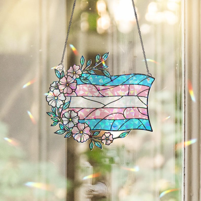Trans Pride Acrylic Window Hanging Floral Transgender Flag Suncatcher, LGBTQ+ Window Decor, Inclusive Pride Gift for Home