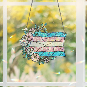 Trans Pride Acrylic Window Hanging Floral Transgender Flag Suncatcher, LGBTQ+ Window Decor, Inclusive Pride Gift for Home