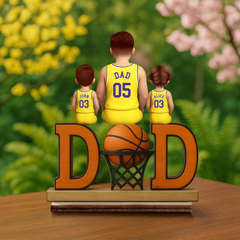 Basketball Dad Family Sitting Back View Personalized Standing Wooden Plaque, Father's Day Gifts for Sport Dad, Grandpa, Gifts For Husband
