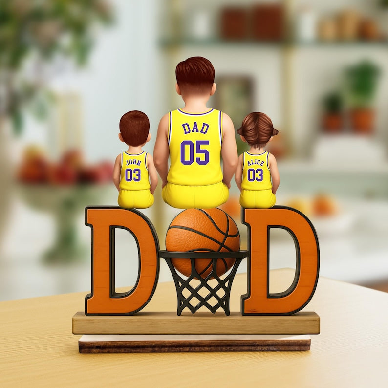 Basketball Dad Family Sitting Back View Personalized Standing Wooden Plaque, Father's Day Gifts for Sport Dad, Grandpa, Gifts For Husband