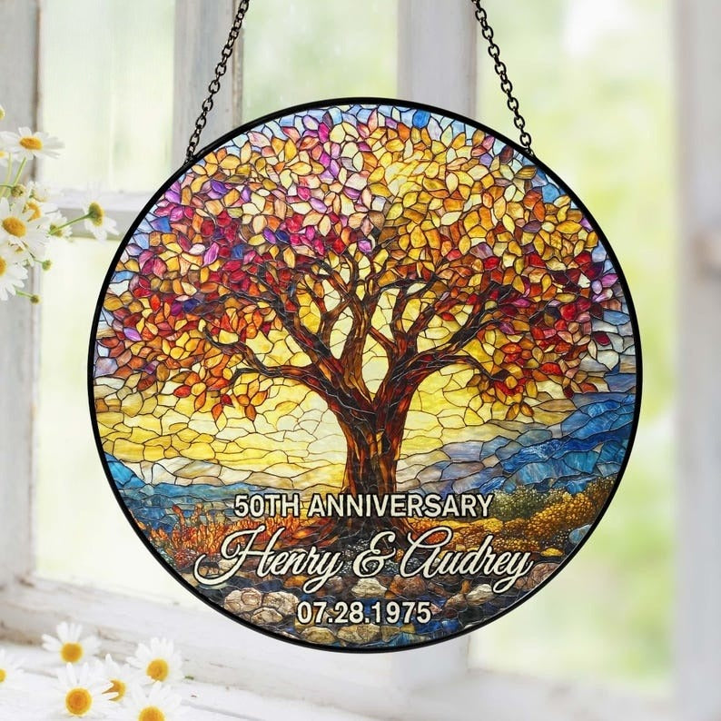 Personalized Tree of Life 50th Anniversary Gift, Tree of Life Glass Suncatcher, Golden Anniversary Suncatcher, Anniversary Gift For Parents