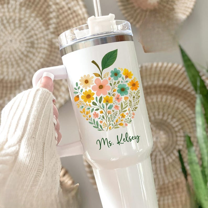 Apple Teacher Tumbler 40oz Personalized Floral Apple Tumbler with Handle Teacher Appreciation Gift Thank You Teacher Travel Mug Teacher Cup