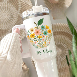 Apple Teacher Tumbler 40oz Personalized Floral Apple Tumbler with Handle Teacher Appreciation Gift Thank You Teacher Travel Mug Teacher Cup