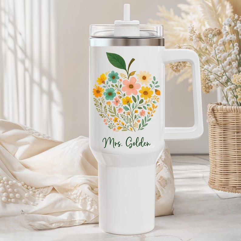 Apple Teacher Tumbler 40oz Personalized Floral Apple Tumbler with Handle Teacher Appreciation Gift Thank You Teacher Travel Mug Teacher Cup