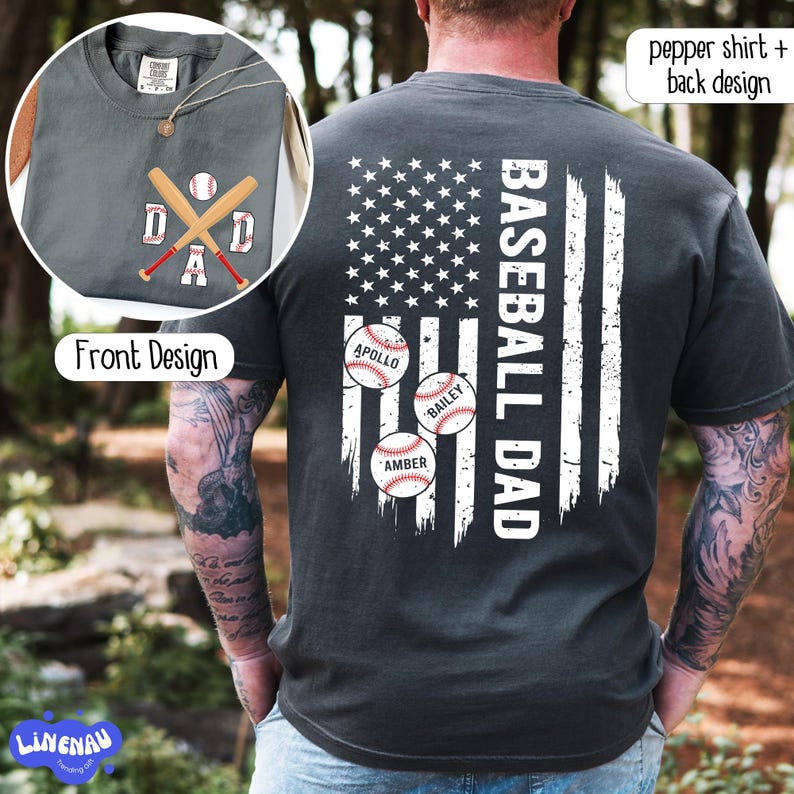 Custom Baseball Dad Shirt with Kids Name, Baseball Dad 2-Sided Shirt, Gift For Dad, Father's Day Shirt, Baseball Season Tee, Baseball Lover