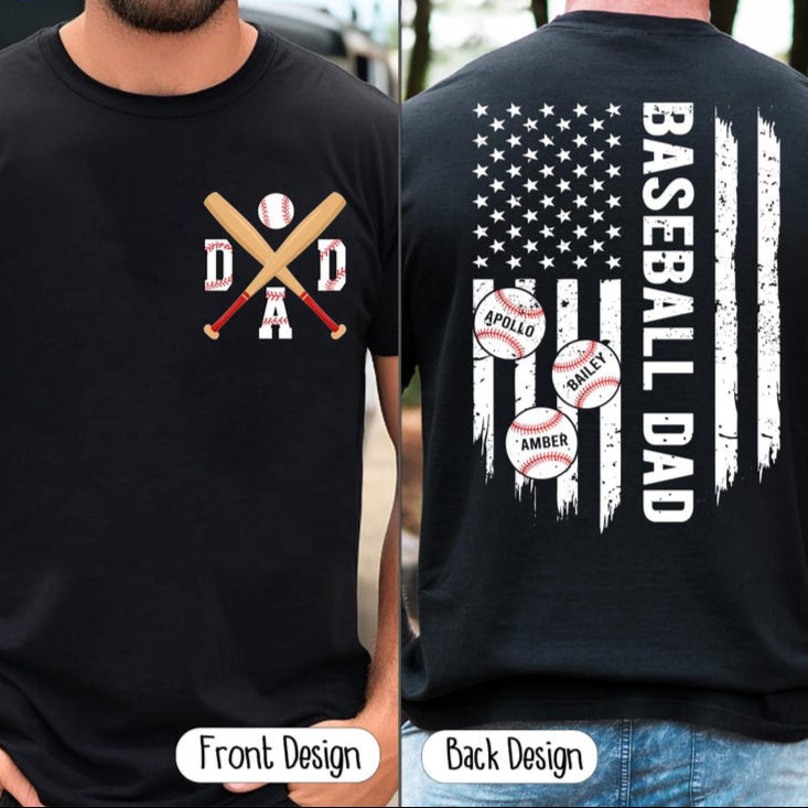 Custom Baseball Dad Shirt with Kids Name, Baseball Dad 2-Sided Shirt, Gift For Dad, Father's Day Shirt, Baseball Season Tee, Baseball Lover