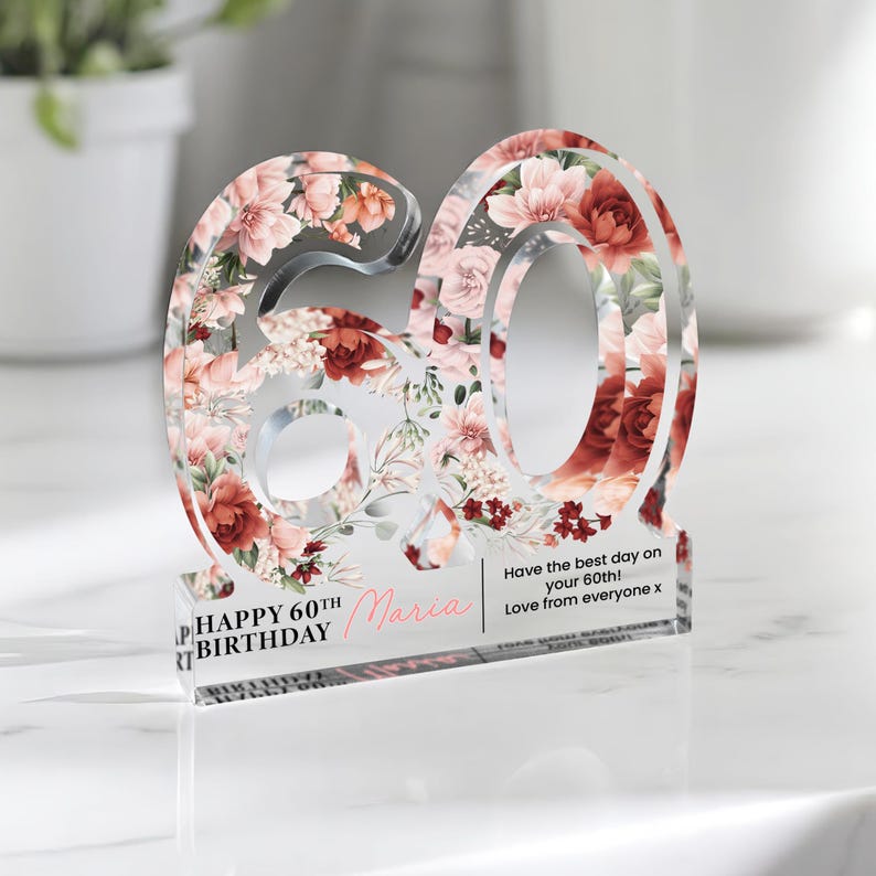 Personalised 60th Birthday Gift Plaque, Happy 60th Birthday Gift For Her, 60th Birthday Gifts, Floral 60th Gift, Gift for Her