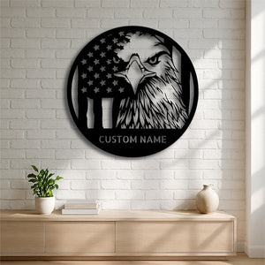 Custom Eagle Metal Wall Art Personalized American Flag Sign Patriotic Round Steel Wall Decor for Veterans, Military, Garage or Man Cave