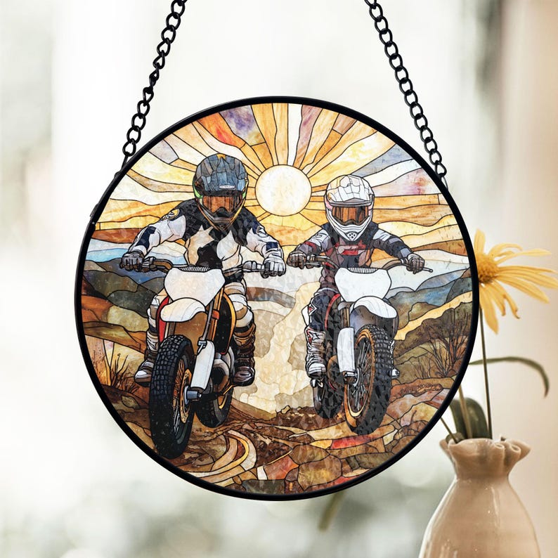 Dad And Son Dirt Bike Stained Glass Suncatcher, Father Son Motocross Window Art, Adventure Theme Decor, Gift for Dad and Son, Father's Day