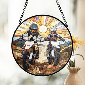 Dad And Son Dirt Bike Stained Glass Suncatcher, Father Son Motocross Window Art, Adventure Theme Decor, Gift for Dad and Son, Father's Day