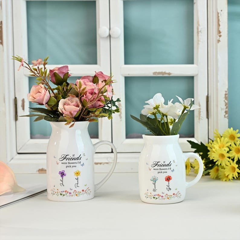 Personalized Friendship Floral Ceramic Vase,Custom Birth Month Flower Vase,Friendship Gifts for Sister/Besties/Best Friend,Decor Gift