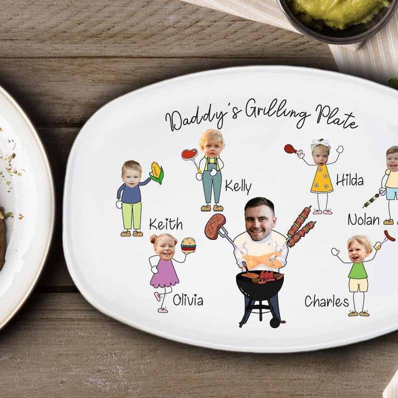 Personalized Face Grilling Platter, Daddy's Grilling Plate with Kid's Names, BBQ Platter, 2025 Fathers Day Gift, Funny Gift for Papa Grandpa