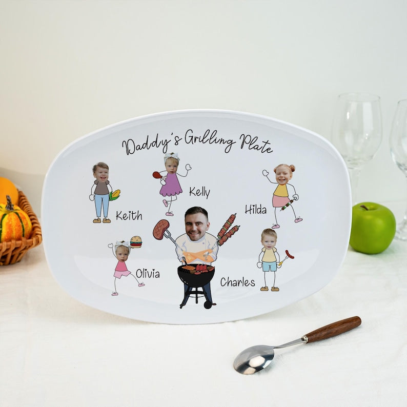 Personalized Face Grilling Platter, Daddy's Grilling Plate with Kid's Names, BBQ Platter, 2025 Fathers Day Gift, Funny Gift for Papa Grandpa