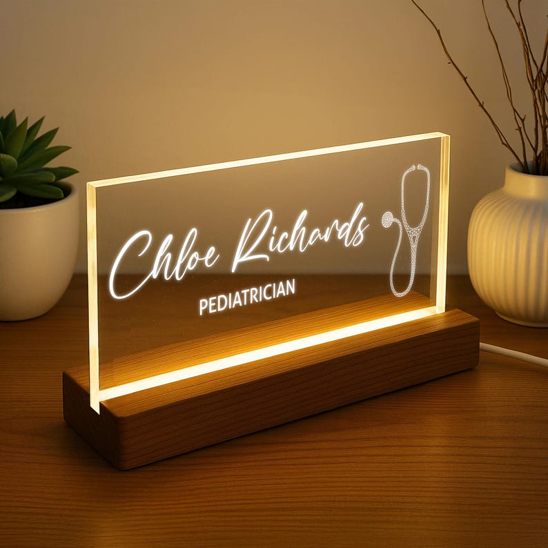 Orthodontist Custom Acrylic LED Sign with Name, Dentist Office Desk Name Plate, Tooth Line Art Dentist Graduation Gift, Gifts for Dentist