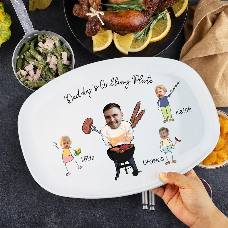 Personalized Face Grilling Platter, Daddy's Grilling Plate with Kid's Names, BBQ Platter, 2025 Fathers Day Gift, Funny Gift for Papa Grandpa
