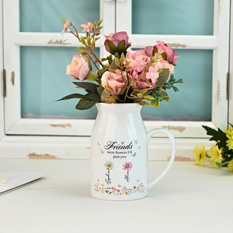 Personalized Friendship Floral Ceramic Vase,Custom Birth Month Flower Vase,Friendship Gifts for Sister/Besties/Best Friend,Decor Gift