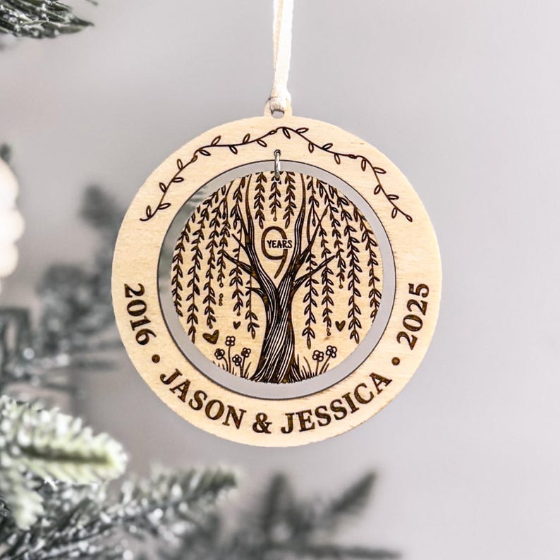 9th Anniversary Gift Ornament Willow Anniversary Ornament Wooden Custom Laser Cut Ornament Gift for Husband or Wife