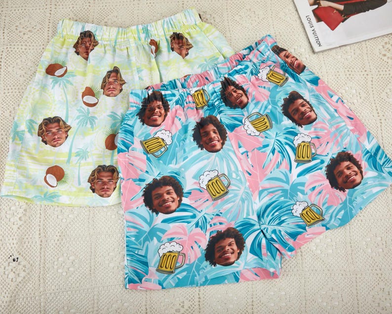 Custom Photo Beach Shorts, Funny Swim Trunks,Flamingo Beach Short, Personalized Men Swim Trunks, For Husband/Dad/Boyfriend/Boy