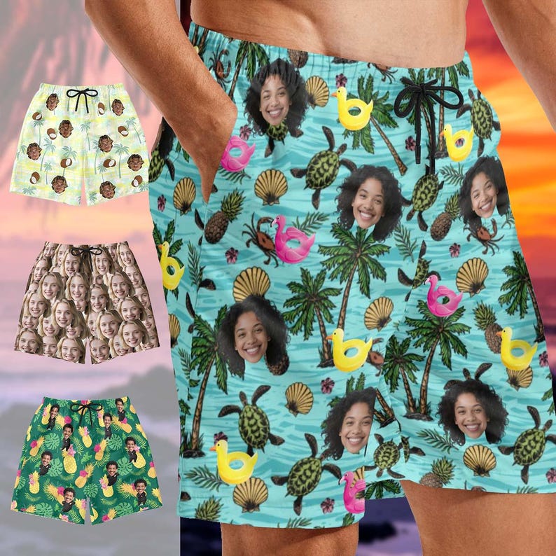 Custom Photo Beach Shorts, Funny Swim Trunks,Flamingo Beach Short, Personalized Men Swim Trunks, For Husband/Dad/Boyfriend/Boy