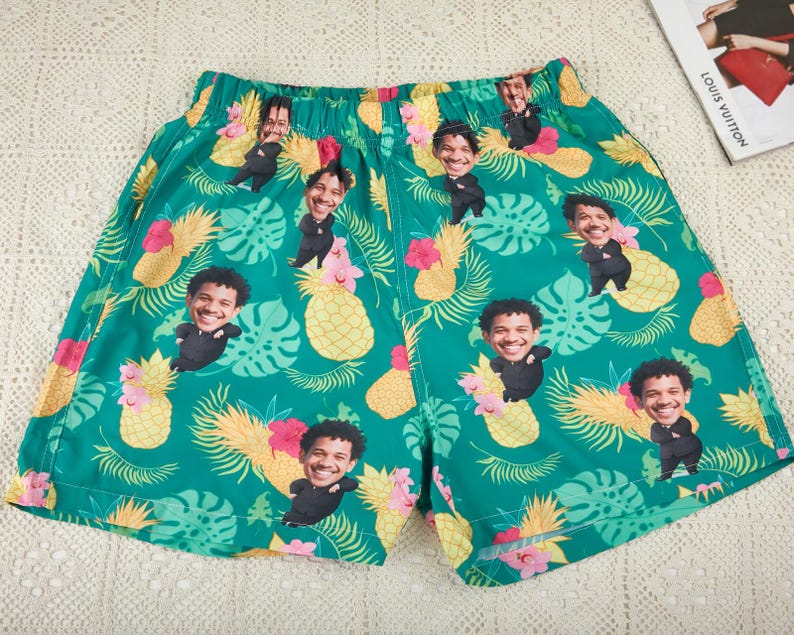 Custom Photo Beach Shorts, Funny Swim Trunks,Flamingo Beach Short, Personalized Men Swim Trunks, For Husband/Dad/Boyfriend/Boy