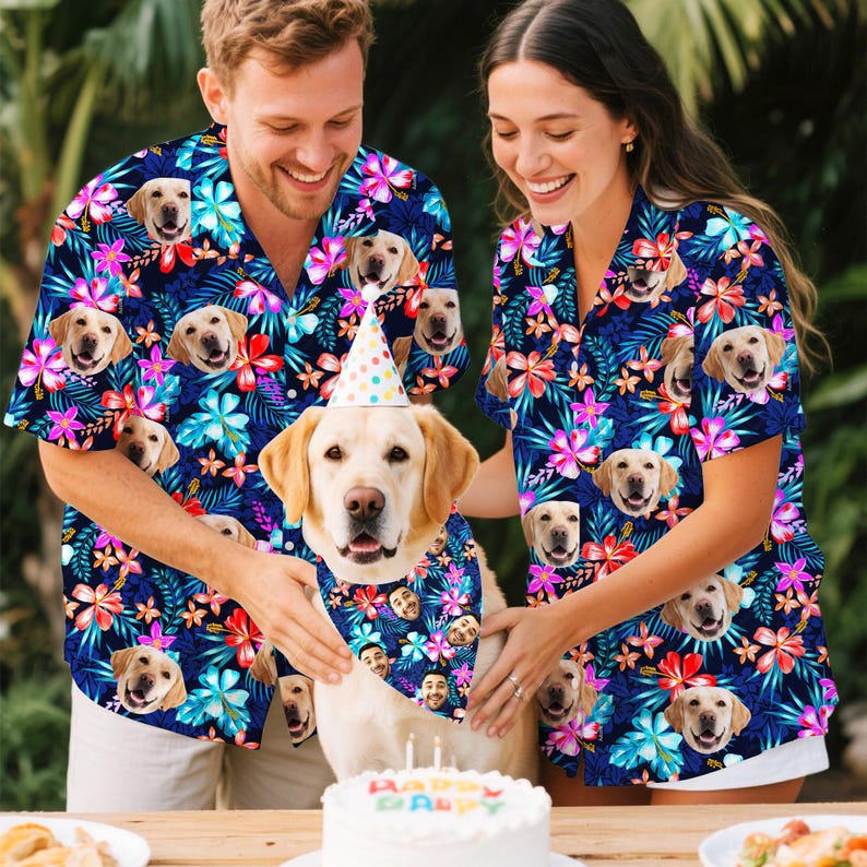 Custom Dog Cat Face Hawaii Shirt, Custom Photo Hawaiian Shirt, Custom Pet Portrait Aloha Shirt, Matching Owner and Pet shirts, Gift for Dad