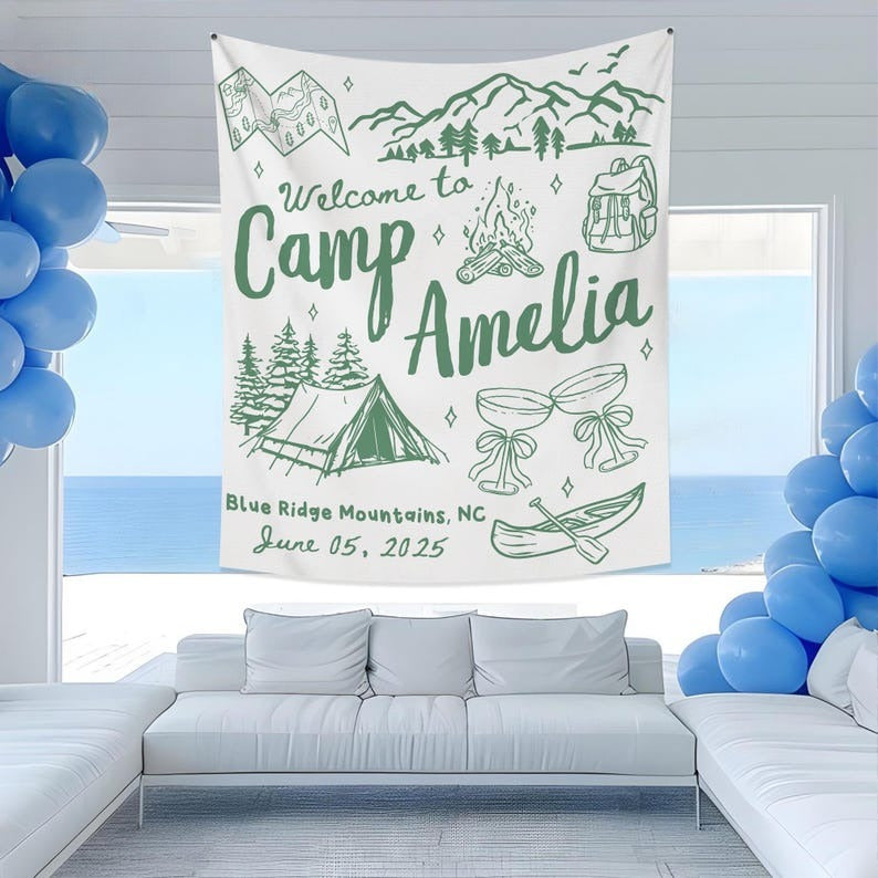 Custom Camp Bachelorette Party Tapestry, Camping Bachelorette Trip Banner, Forest Bridal Shower Tapestry,Bachelorette Weekend Photo Backdrop