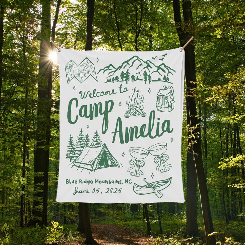 Custom Camp Bachelorette Party Tapestry, Camping Bachelorette Trip Banner, Forest Bridal Shower Tapestry,Bachelorette Weekend Photo Backdrop