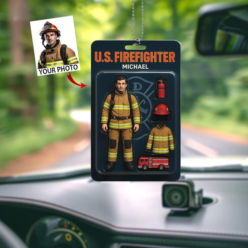 Custom Your Own Action Figure Car Ornament, Firefighter Hanging Idea, Father Day Ornament, Personal Toy Box Portrait, Funny Gift For Parent