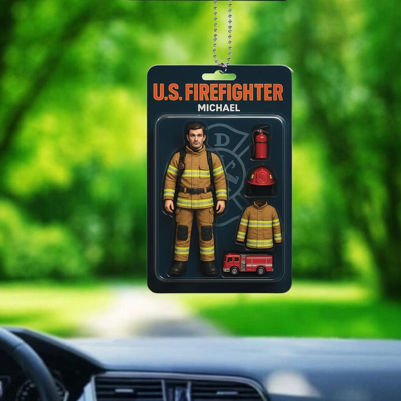 Custom Your Own Action Figure Car Ornament, Firefighter Hanging Idea, Father Day Ornament, Personal Toy Box Portrait, Funny Gift For Parent
