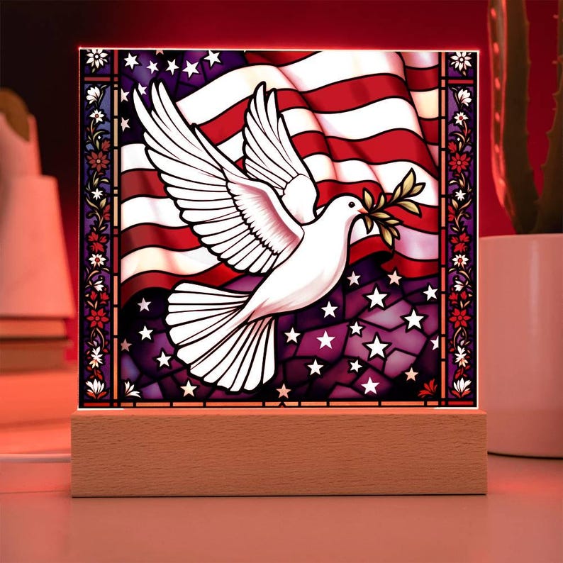 LED Lighted Plaque with Dove and USA Flag, Patriotic Memorial Sign, Veteran Tribute Gift, American Flag Decor, Remembrance Light Box