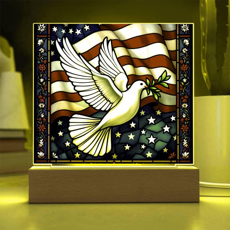 LED Lighted Plaque with Dove and USA Flag, Patriotic Memorial Sign, Veteran Tribute Gift, American Flag Decor, Remembrance Light Box