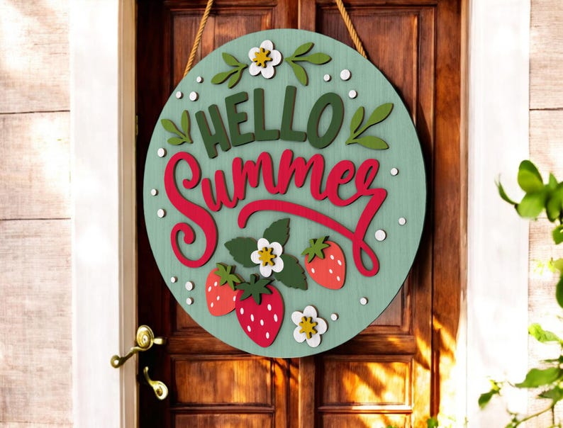 Hello Summer Round Strawberry Sign MDF Wood Wall Decor | Colorful Summer Door Hanger | Seasonal Farmhouse Sign