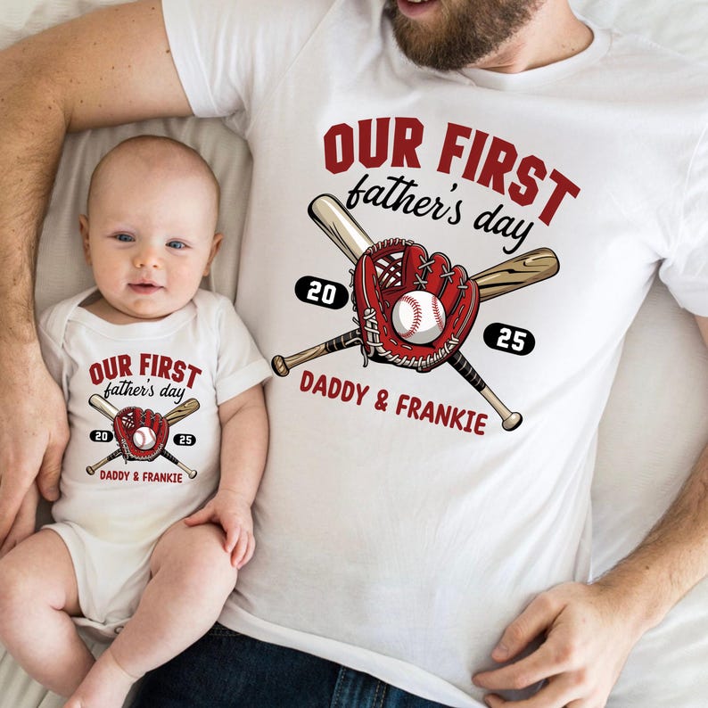 Personalized First Fathers Day Baseball Matching Baby Onesie, Custom Our First Fathers Day, Sports Baby Bodysuit, Matching Dad Baby Shirt