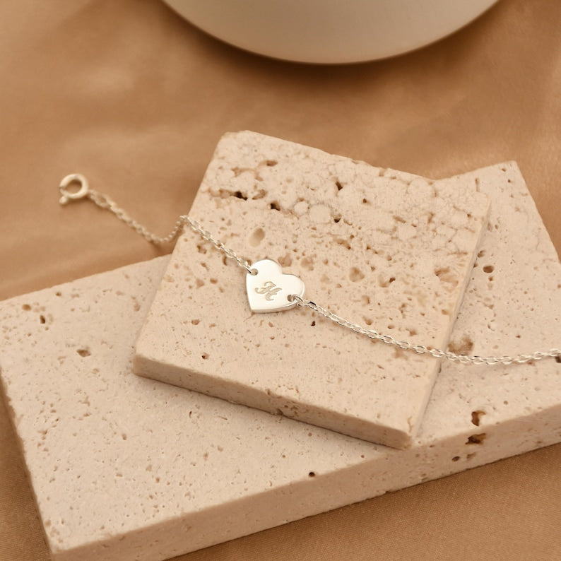 Custom Name Heart Bracelet,Engraved Heart Bracelet,Heart Charm Bracelet,Custom Date Jewelry, Handmade Initial Charm,Birthday Gift for Her