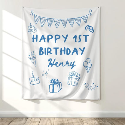 Custom Birthday Banner, Kids Birthday Party Decor Sign, Personalized Birthday Wall Hanging For Boys Bday, Doodle Wall Tapestry For Him