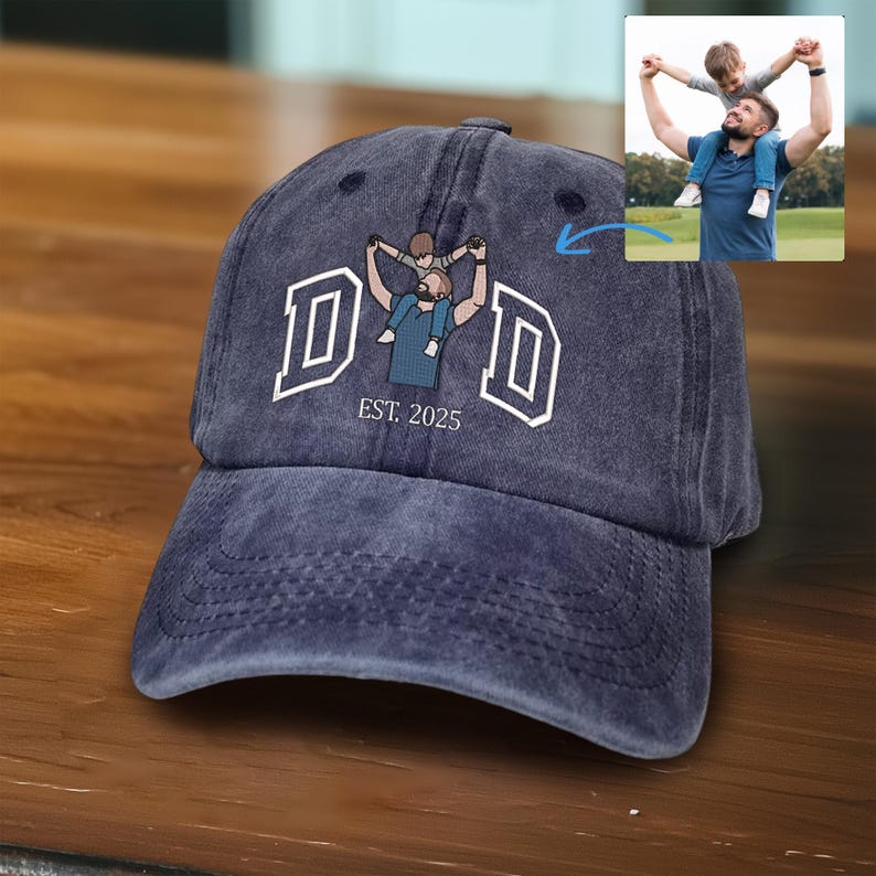 Custom Photo Embroidered Dad Hat, Embroidered Portrait Dad And Child Cap, Personalized Gift for Father s Day, Unique Photo Birthday Hat
