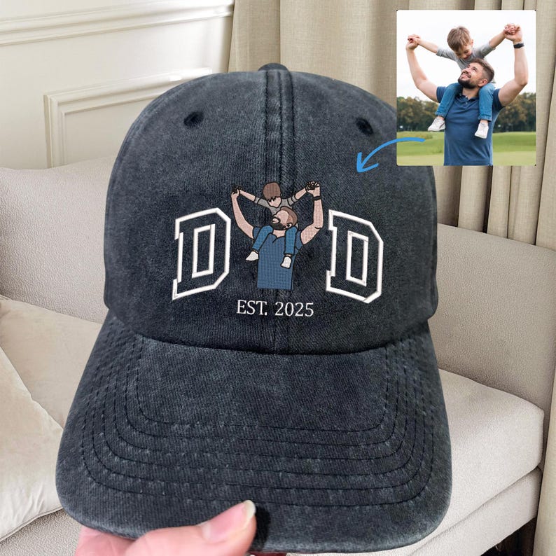 Custom Photo Embroidered Dad Hat, Embroidered Portrait Dad And Child Cap, Personalized Gift for Father s Day, Unique Photo Birthday Hat