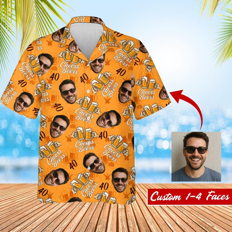 Custom Face Birthday Hawaiian Shirt, Personalized Cheers and Beers Shirt for Men Women, 40th Birthday Party Shirt with Photo, Gifts for Dad