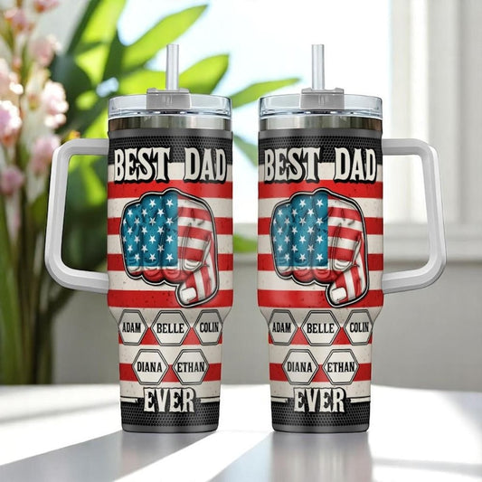 Personalized Strongest Dad Tumbler 40oz, Fourth Of July Tumbler, Custom Dad and Kids Name, Best Dad Ever Tumbler, Fathers Day Gift