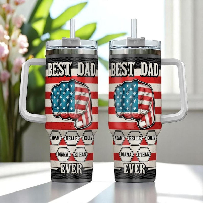 Personalized Strongest Dad Tumbler 40oz, Fourth Of July Tumbler, Custom Dad and Kids Name, Best Dad Ever Tumbler, Fathers Day Gift