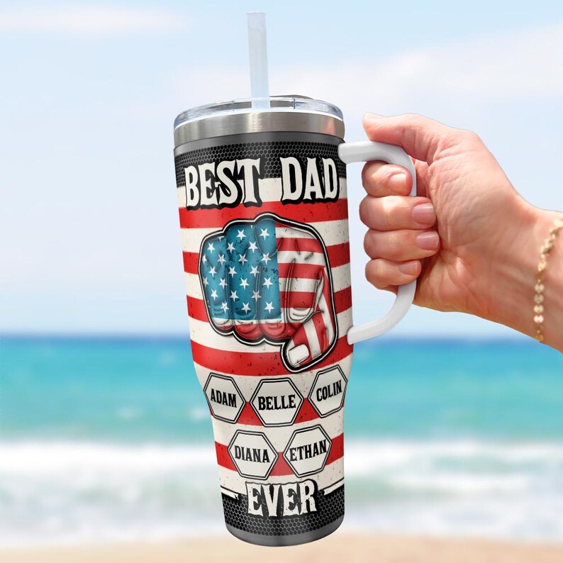Personalized Strongest Dad Tumbler 40oz, Fourth Of July Tumbler, Custom Dad and Kids Name, Best Dad Ever Tumbler, Fathers Day Gift