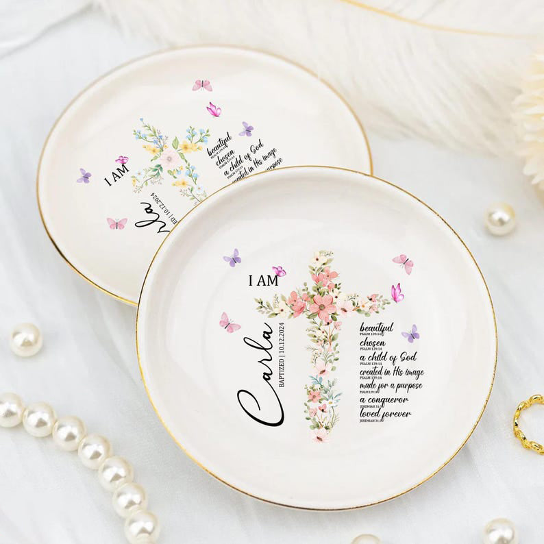 Custom Baptism Jewelry Dish, Baptism Ring Dish with Name & Date, Personalized Gift for Girl, Christian Keepsake Gift, Nursery Decor,Keepsake