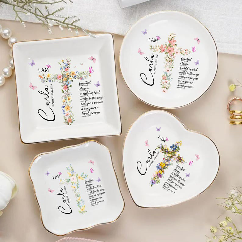 Custom Baptism Jewelry Dish, Baptism Ring Dish with Name & Date, Personalized Gift for Girl, Christian Keepsake Gift, Nursery Decor,Keepsake