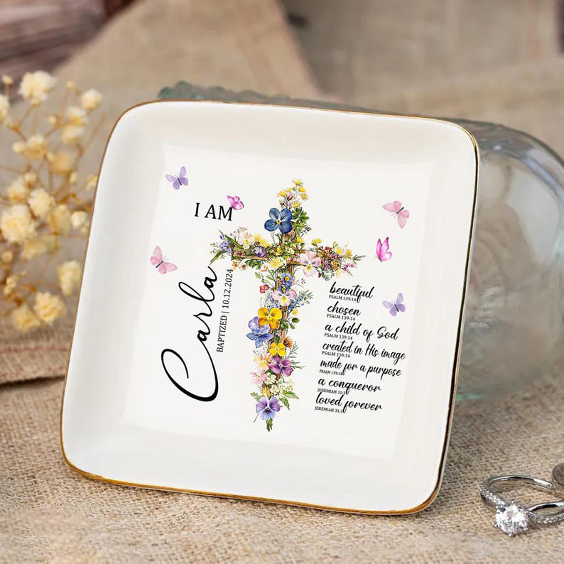Custom Baptism Jewelry Dish, Baptism Ring Dish with Name & Date, Personalized Gift for Girl, Christian Keepsake Gift, Nursery Decor,Keepsake