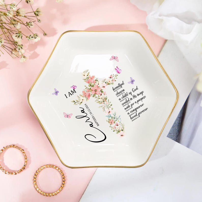 Custom Baptism Jewelry Dish, Baptism Ring Dish with Name & Date, Personalized Gift for Girl, Christian Keepsake Gift, Nursery Decor,Keepsake