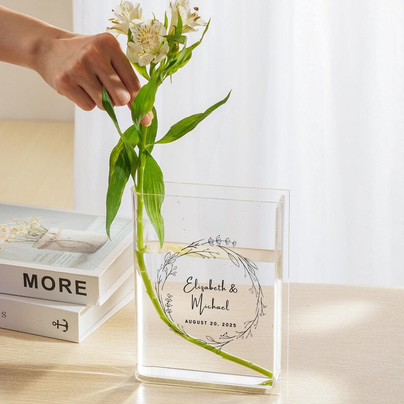 Anniversary Gift, Wedding or Engagement Gift, Flower Vase, Wreath Design, 9th Wedding Anniversary Gift, Custom Book Vase, Gift for Couples