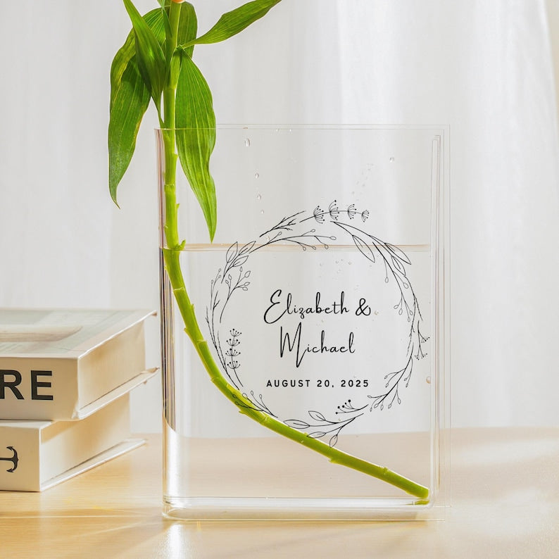 Anniversary Gift, Wedding or Engagement Gift, Flower Vase, Wreath Design, 9th Wedding Anniversary Gift, Custom Book Vase, Gift for Couples