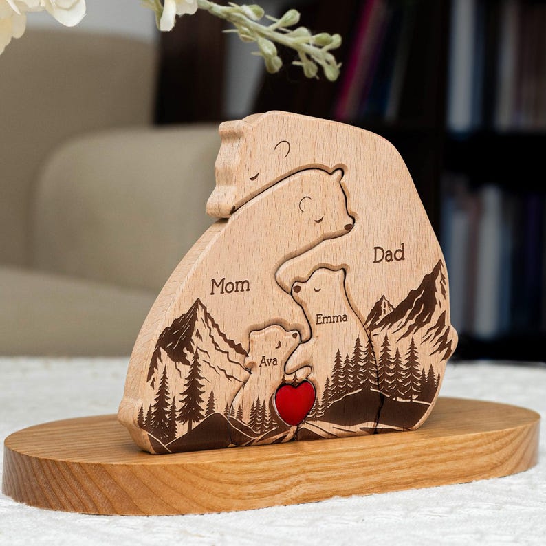 Hugging Bear Family New Version, Personalized Wooden Bear Family Puzzle, Mother's Day Gift Father's Day Gift, Animal Family Puzzle Decor