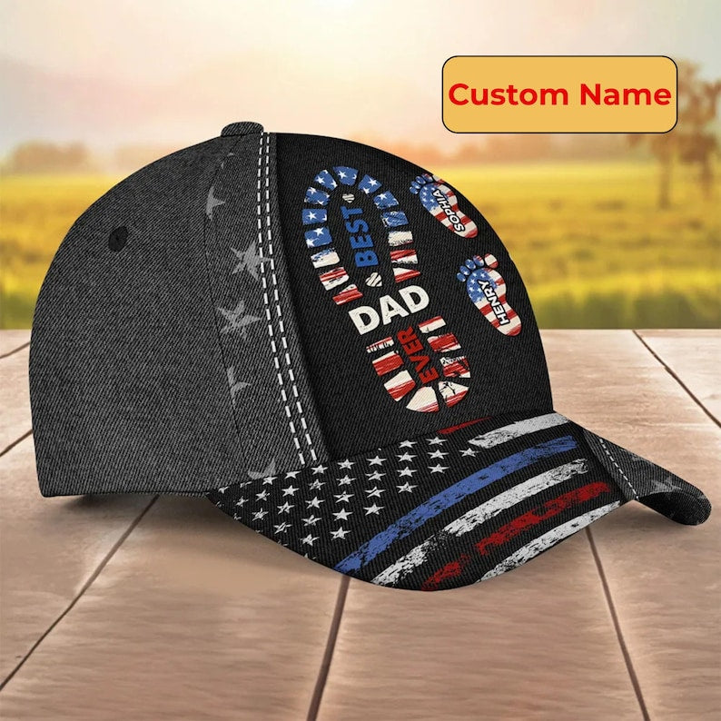Personalized Name Best Dad Ever With Footprint Classic Cap, Custom Custom Classic Cap With Kids' Name For Dad Grandpa, Father's Day Cap