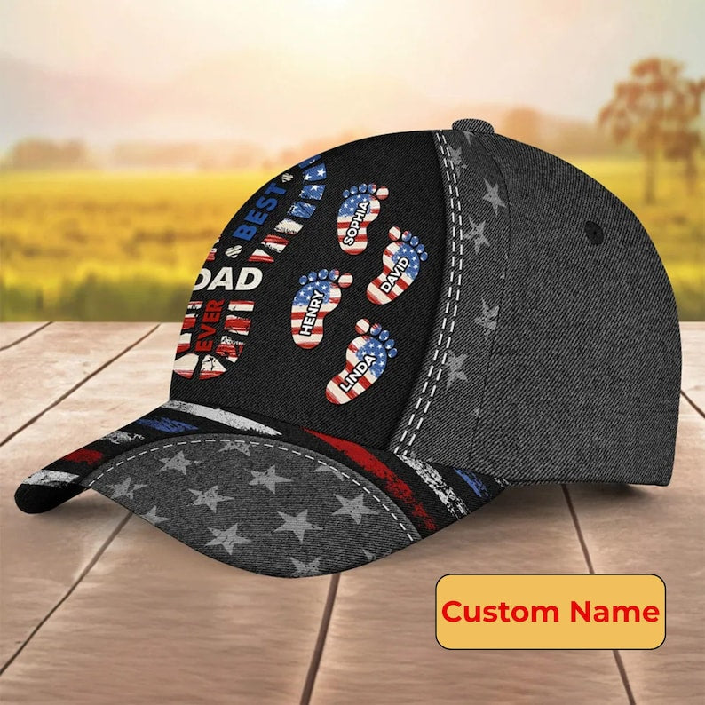 Personalized Name Best Dad Ever With Footprint Classic Cap, Custom Custom Classic Cap With Kids' Name For Dad Grandpa, Father's Day Cap